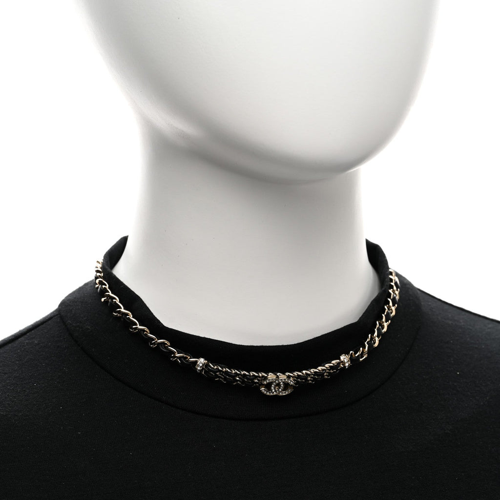 Chanel Metal Lambskin Crystal CC Choker Necklace Black Gold