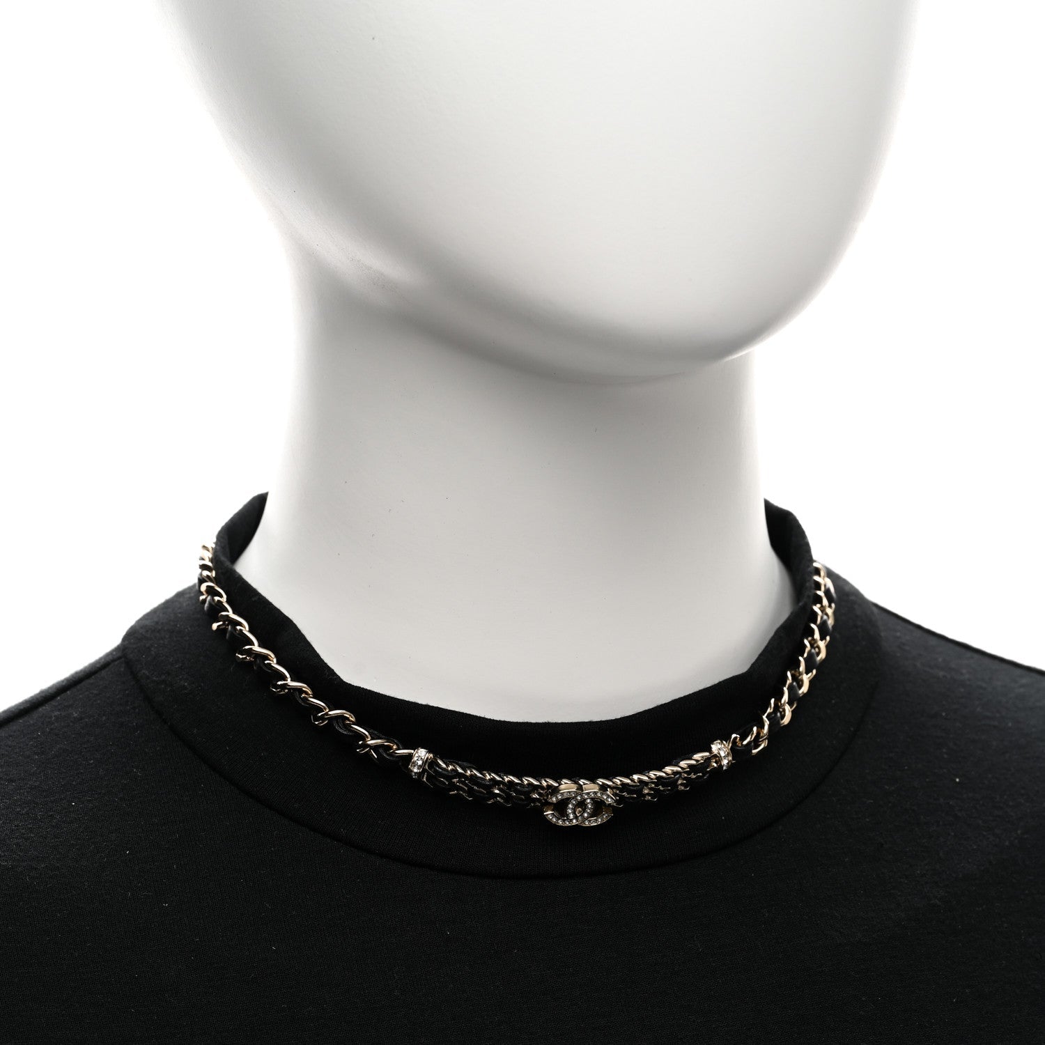 Chanel Metal Lambskin Crystal CC Choker Necklace Black Gold