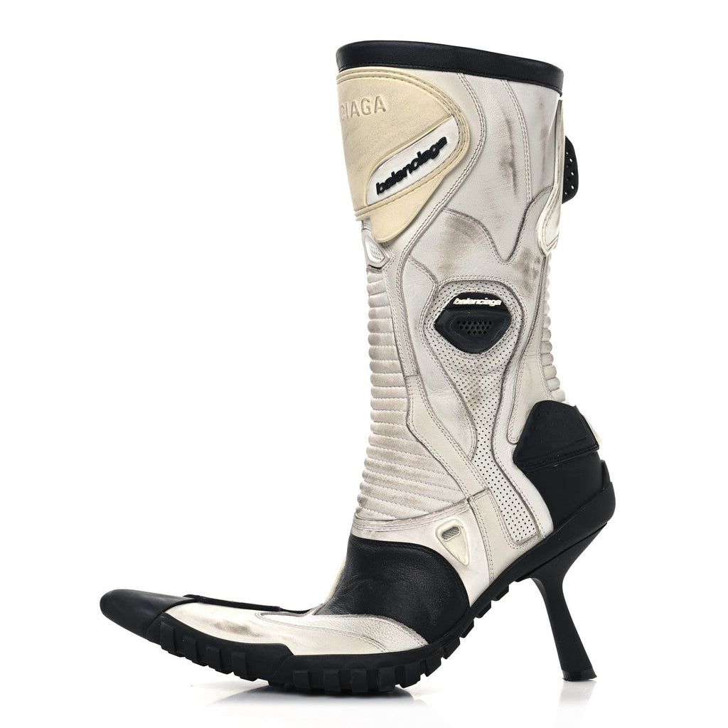 Balenciaga Calfskin Distressed Biker Boots 38 White Beige Black