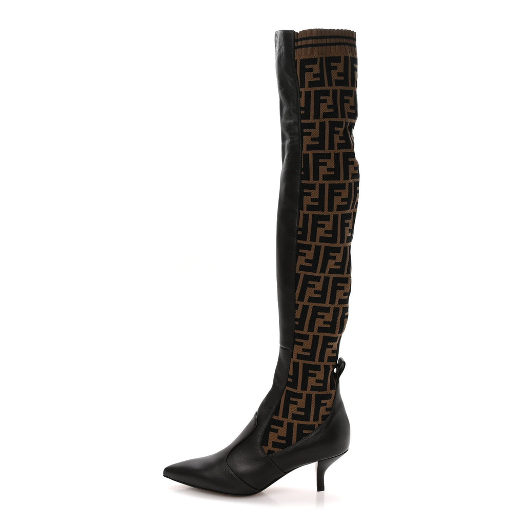Fendi Nappa Microfiber Fabric FF Rockoko Thigh High Boots 37 Ebano Tobacco Black