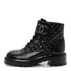 Chanel Shiny Lambskin Quilted Lace Up Combat Boots 39 Black