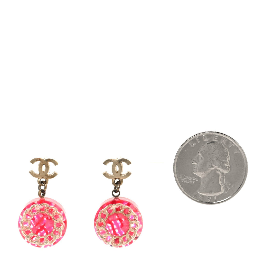 Chanel Resin Chain Tweed CC Drop Earrings Pink Gold