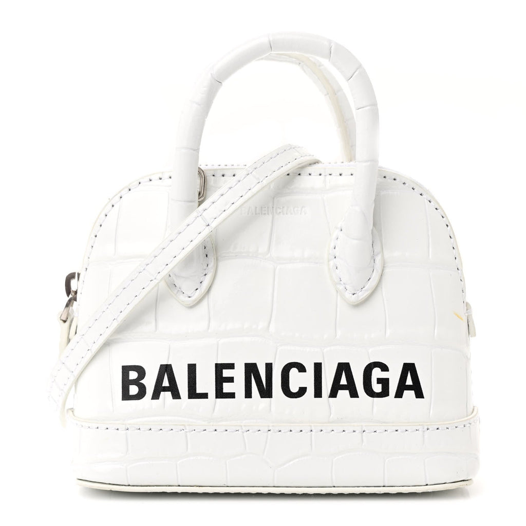 Balenciaga Calfskin Logo Crocodile Embossed Mini Ville Top Handle Bag White Black