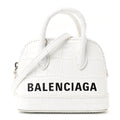 Balenciaga Calfskin Logo Crocodile Embossed Mini Ville Top Handle Bag White Black
