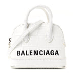 Balenciaga Calfskin Logo Crocodile Embossed Mini Ville Top Handle Bag White Black