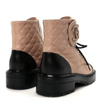 Chanel Shiny Lambskin Quilted Lace Up Combat Boots 36 Beige Black