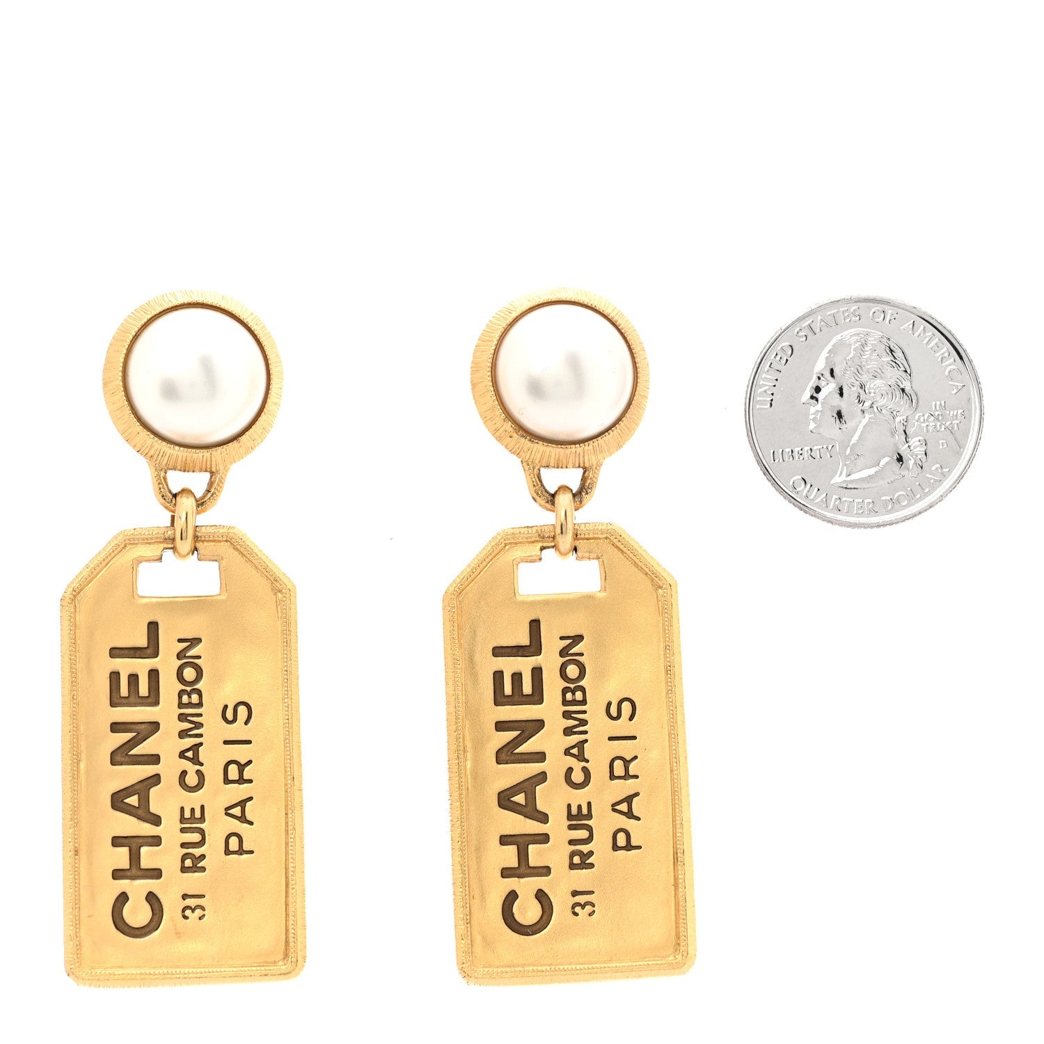 Chanel Pearl CC Tags Drop Earrings Gold