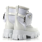Prada Spazzolato Rois Nylon Shearling Metal Triangle Logo Monolith Pouch Pocket 55mm Boots 35.5 White