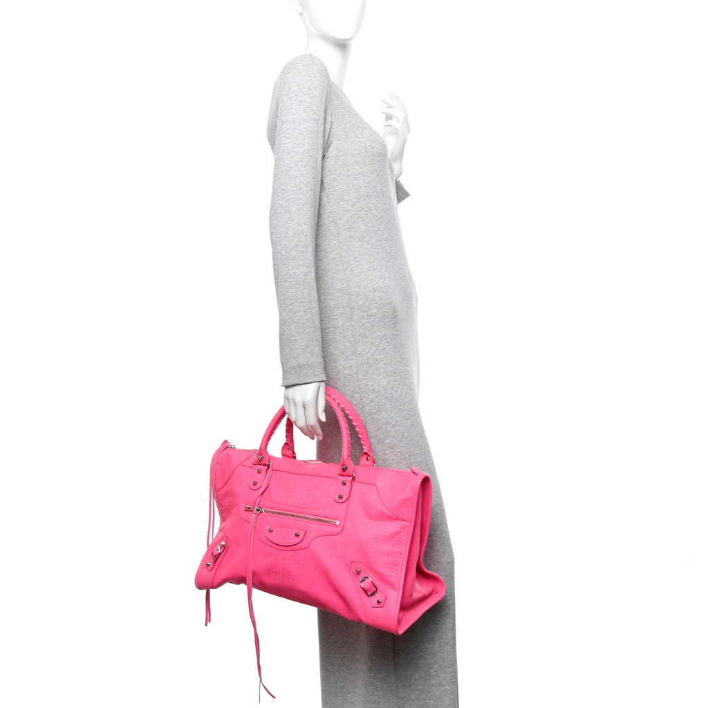 Balenciaga Calfskin Lizard Embossed Silver Hardware Work Rose Fluo