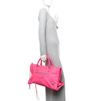 Balenciaga Calfskin Lizard Embossed Silver Hardware Work Rose Fluo