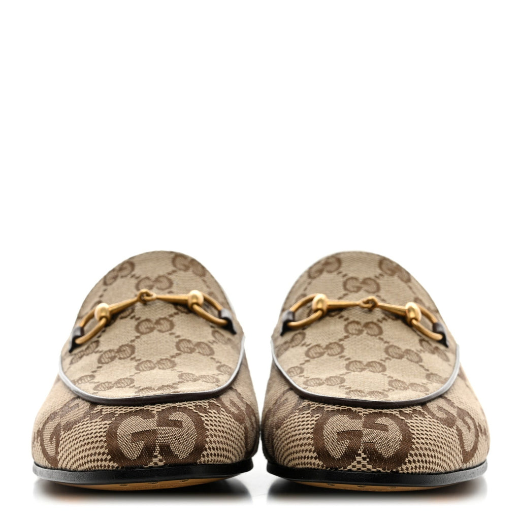 Gucci Monogram Jumbo GG Malaga Kid Horsebit Womens Jordaan Loafers 40 Camel Ebony New Acero Beige