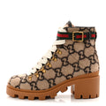 Gucci Covered Wool Big GG Monogram Womens Lace Up Combat Ankle Boots 39 Beige Ebony Cocoa