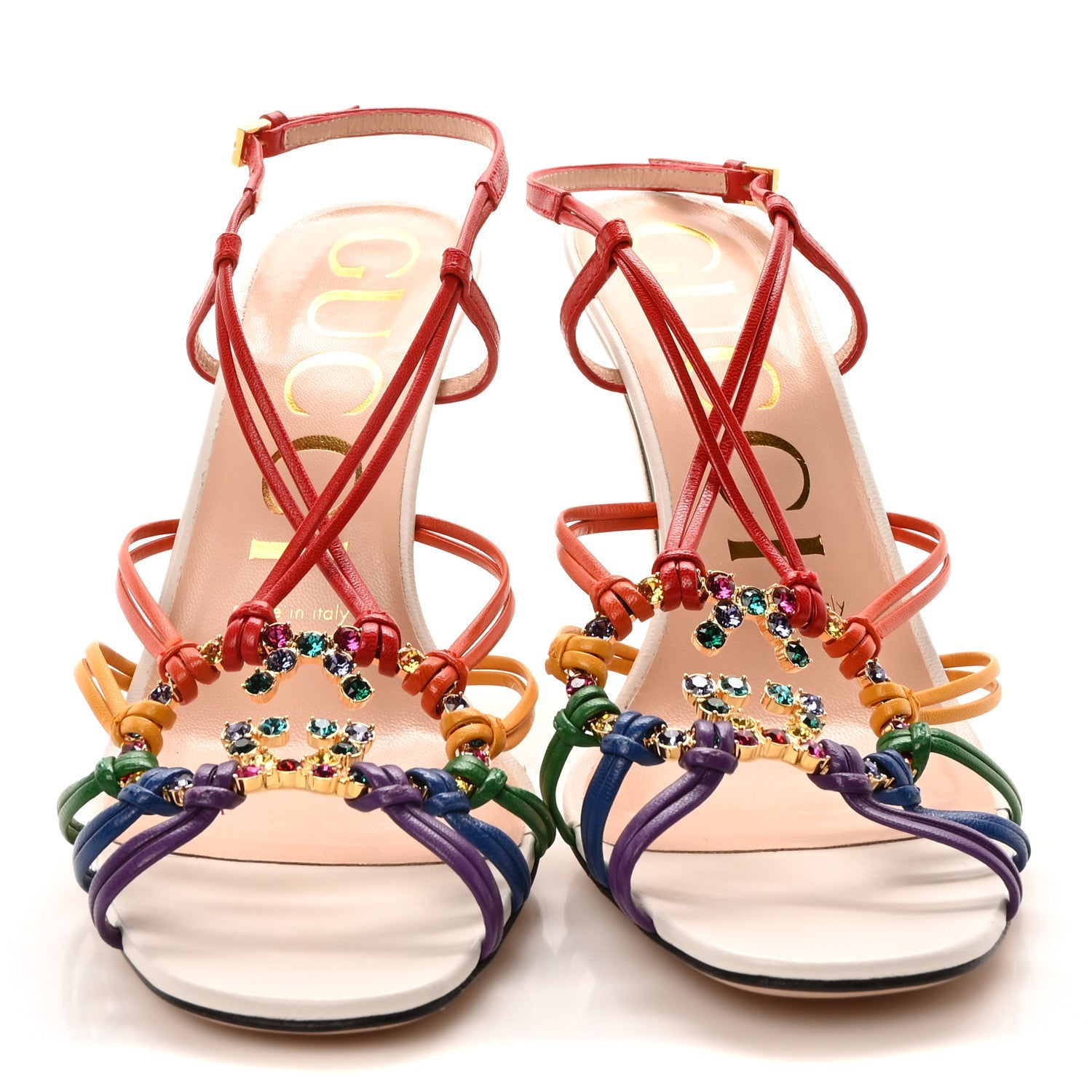 Gucci Calfskin Crystal GG Isa Ankle Strap Mid Heel Sandals 37 Multicolor
