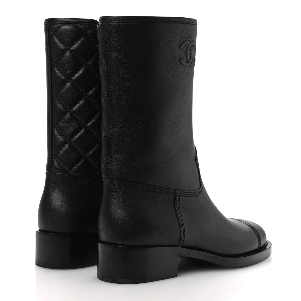 Chanel Calfskin Quilted CC Logo Mid Calf Boots 35 Black
