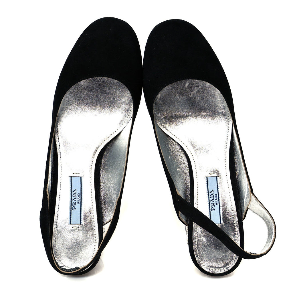 Prada Suede Crystal Block Heel Slingback Pump 37 Black