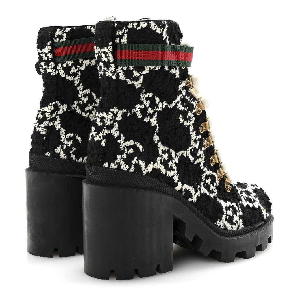 Gucci Tweed GG Monogram Lace Up Combat Ankle Boots 35.5 Black