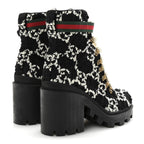 Gucci Tweed GG Monogram Lace Up Combat Ankle Boots 35.5 Black