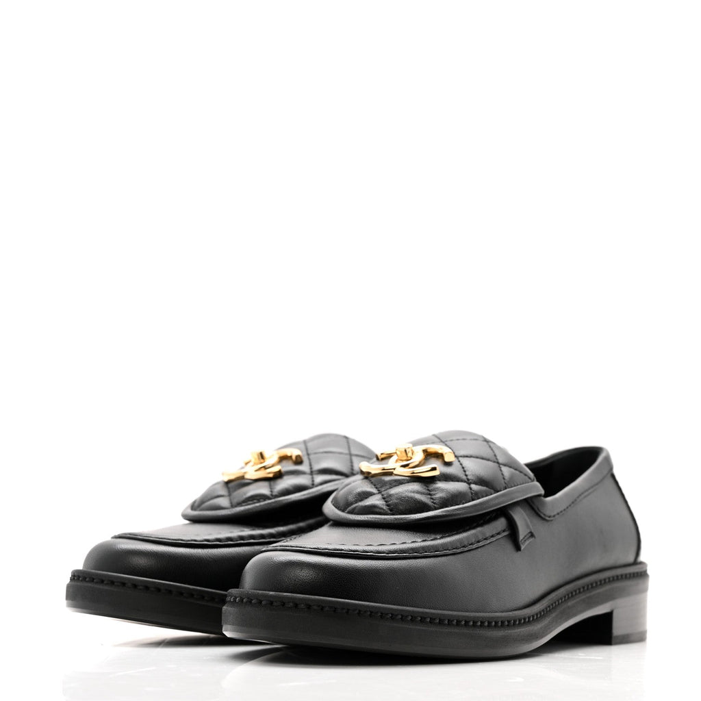 Chanel Lambskin Quilted CC Turnlock Loafers 38 Black