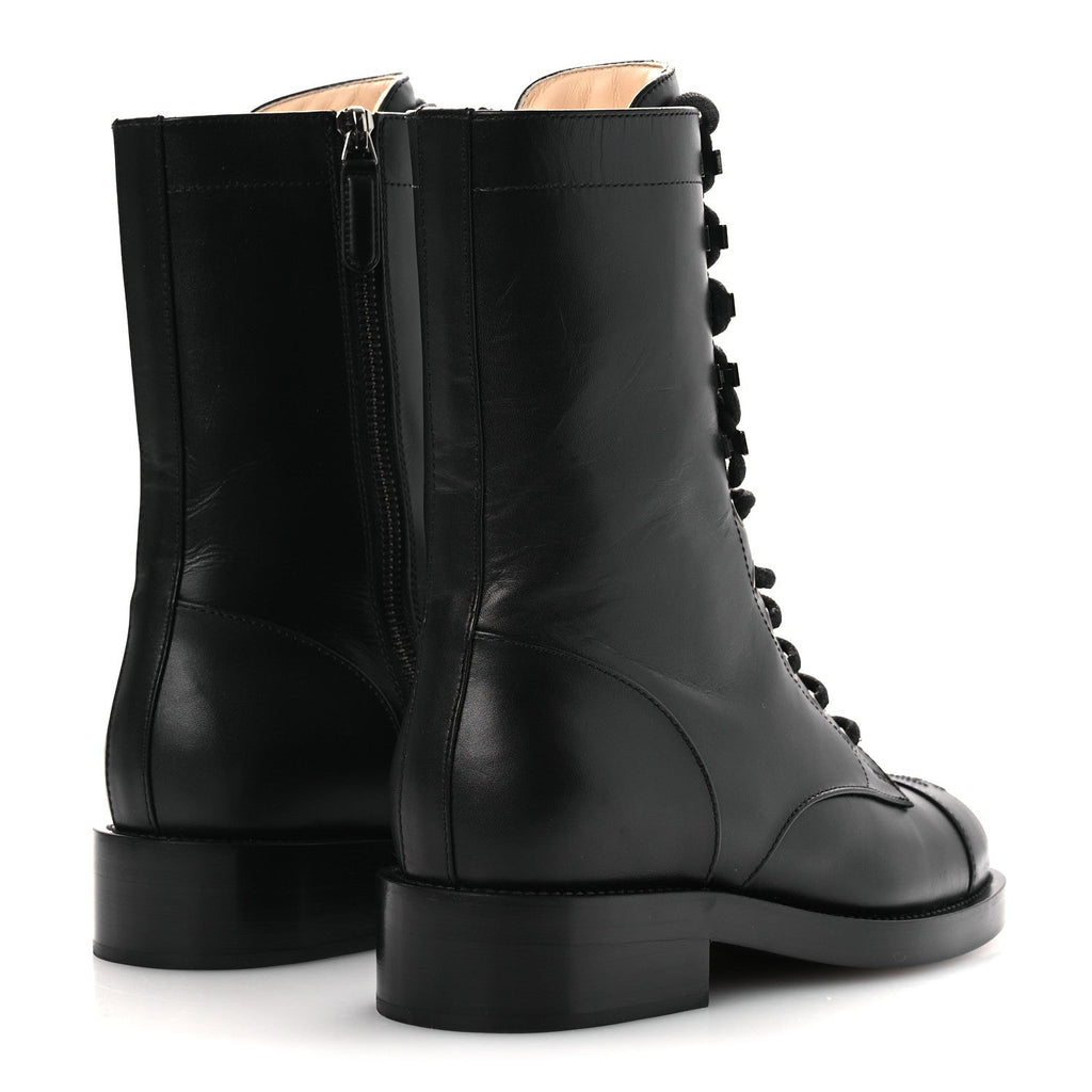 Chanel Calfskin Cap Toe Lace Up Combat Boots 37.5 Black