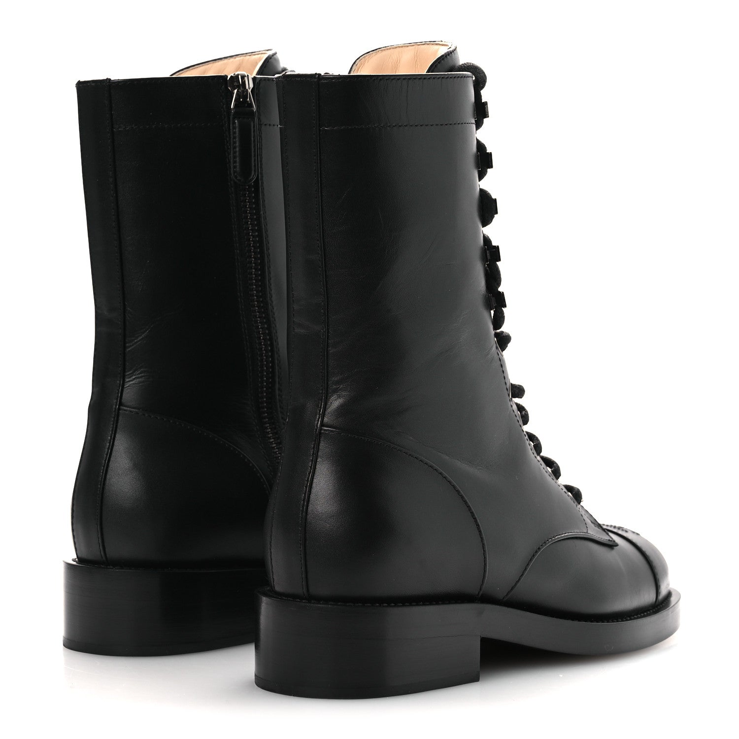 Chanel Calfskin Cap Toe Lace Up Combat Boots 37.5 Black