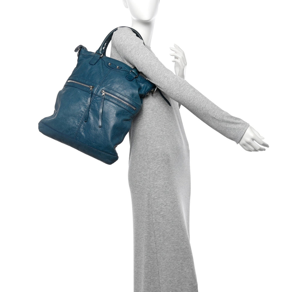 Balenciaga Agneau Classic Silver Hardware Square Tote Bleu Mineral