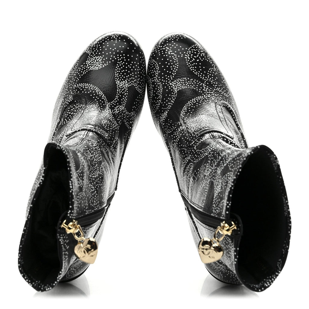 Chanel Calfskin Camellia Printed Ankle Boots 38 Black White