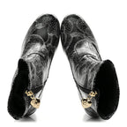 Chanel Calfskin Camellia Printed Ankle Boots 38 Black White