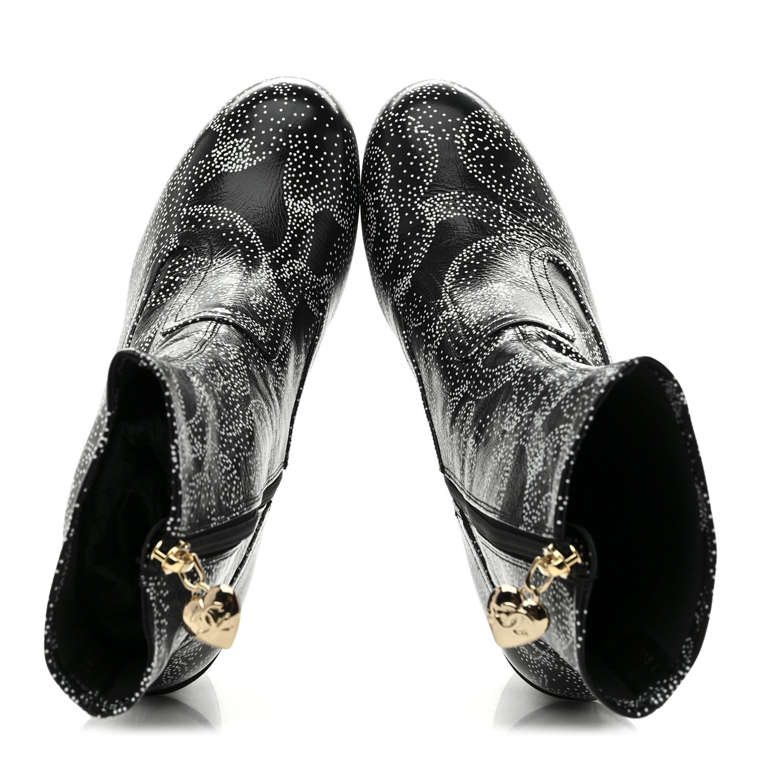 Chanel Calfskin Camellia Printed Ankle Boots 38 Black White
