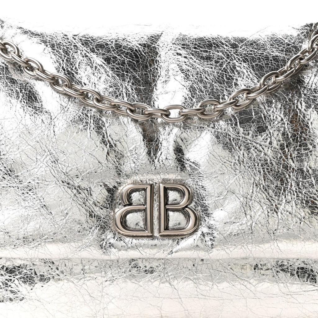 Balenciaga Metallized Arena Calfskin MIni Monaco Chain Shoulder Bag Silver