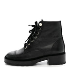 Chanel Shiny Calfskin Velvet Pearl Combat Short Boots 38 Black