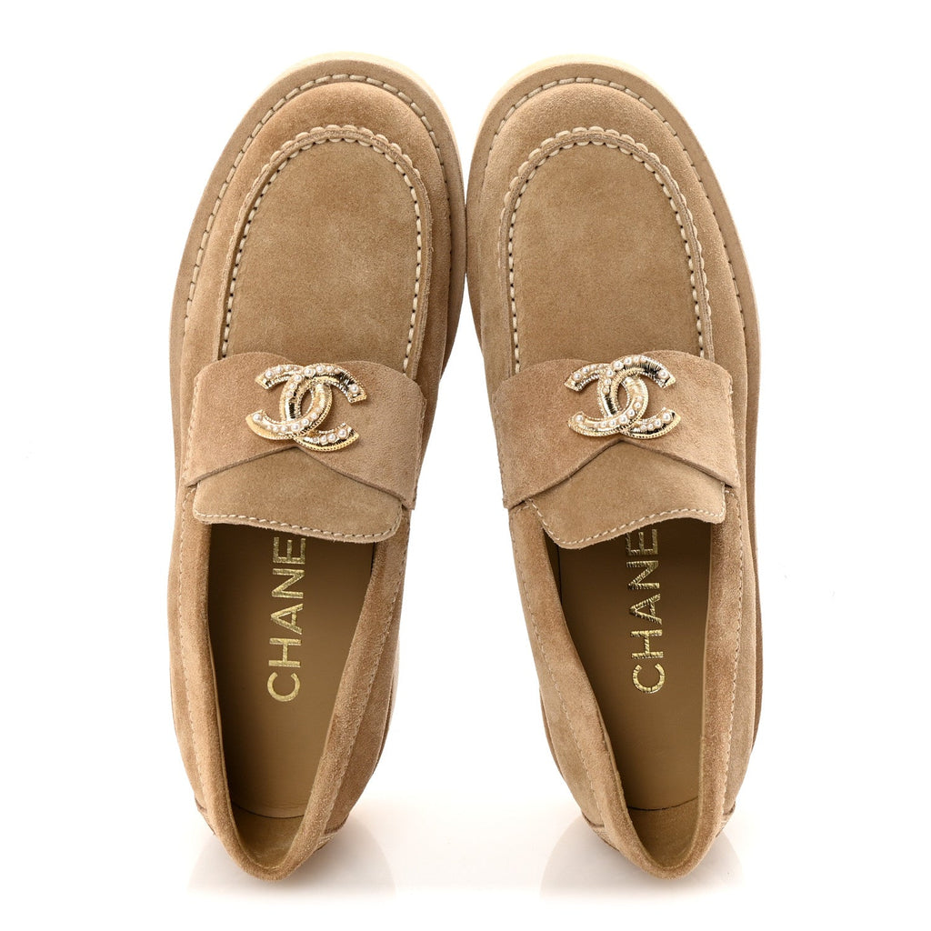Chanel Suede Calfskin Pearl CC Moccasin Loafers 36.5 Dark Beige