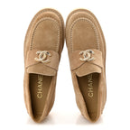 Chanel Suede Calfskin Pearl CC Moccasin Loafers 36.5 Dark Beige