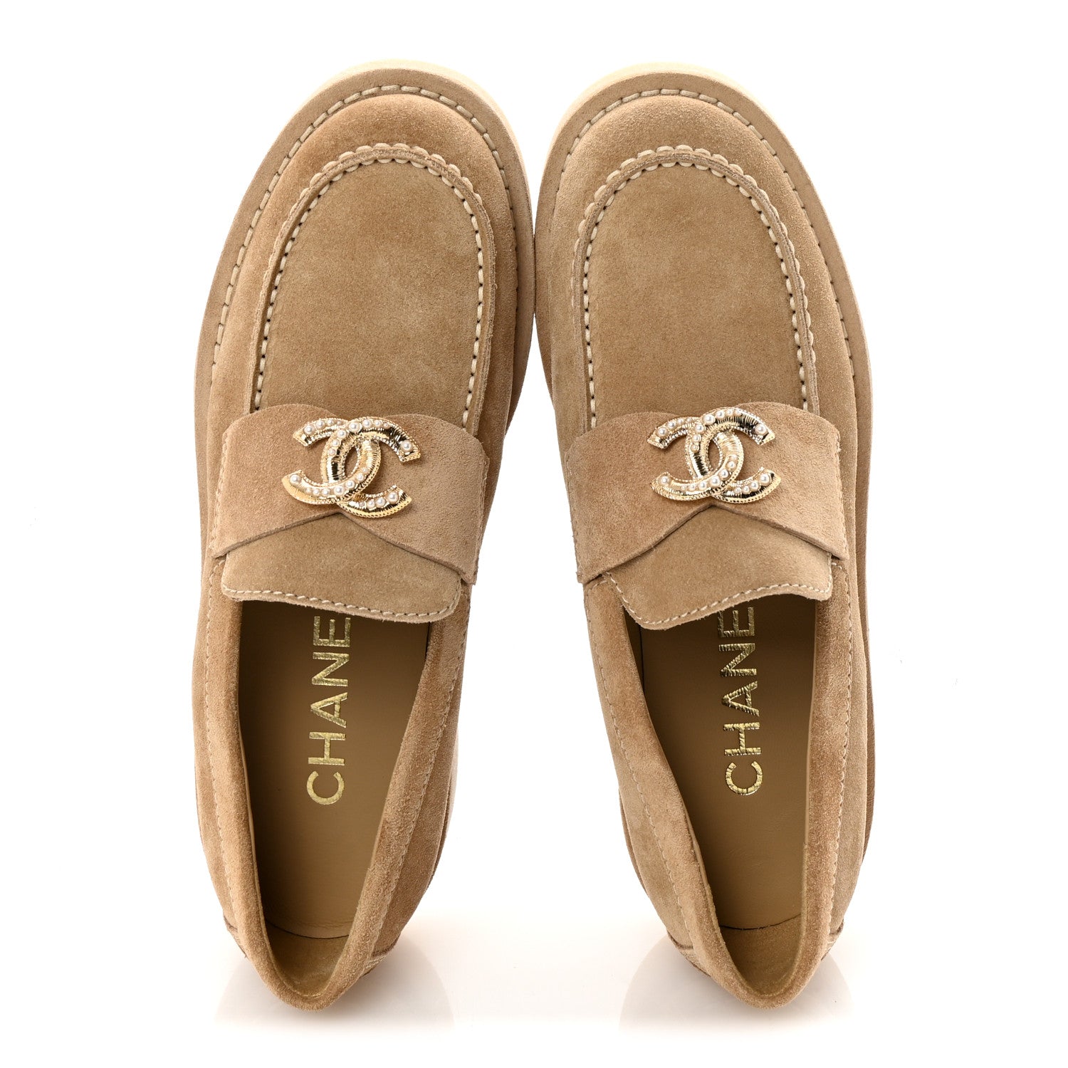 Chanel Suede Calfskin Pearl CC Moccasin Loafers 36.5 Dark Beige