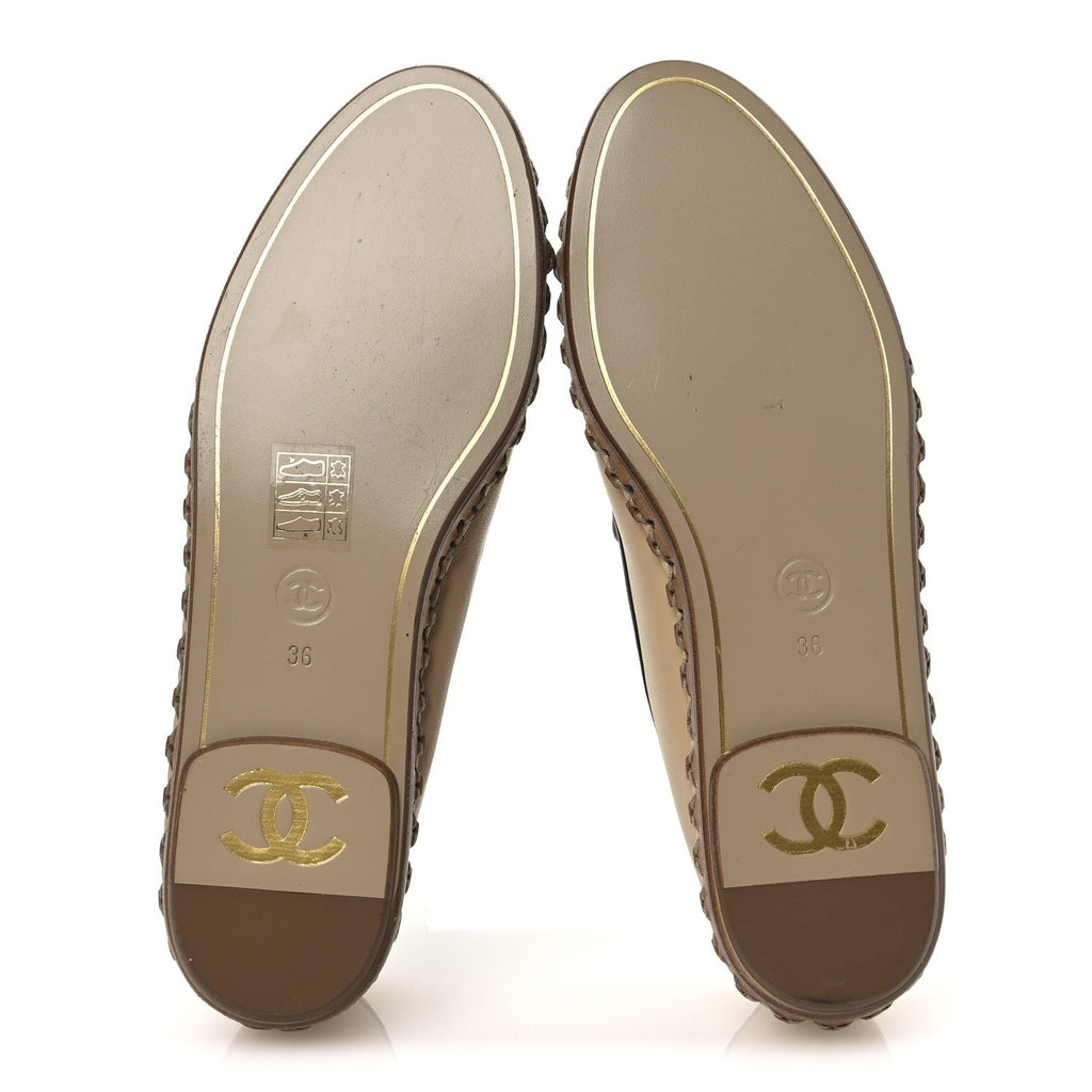 Chanel Lambskin Chain CC Mocassin Loafer Espadrilles 36 Beige Black