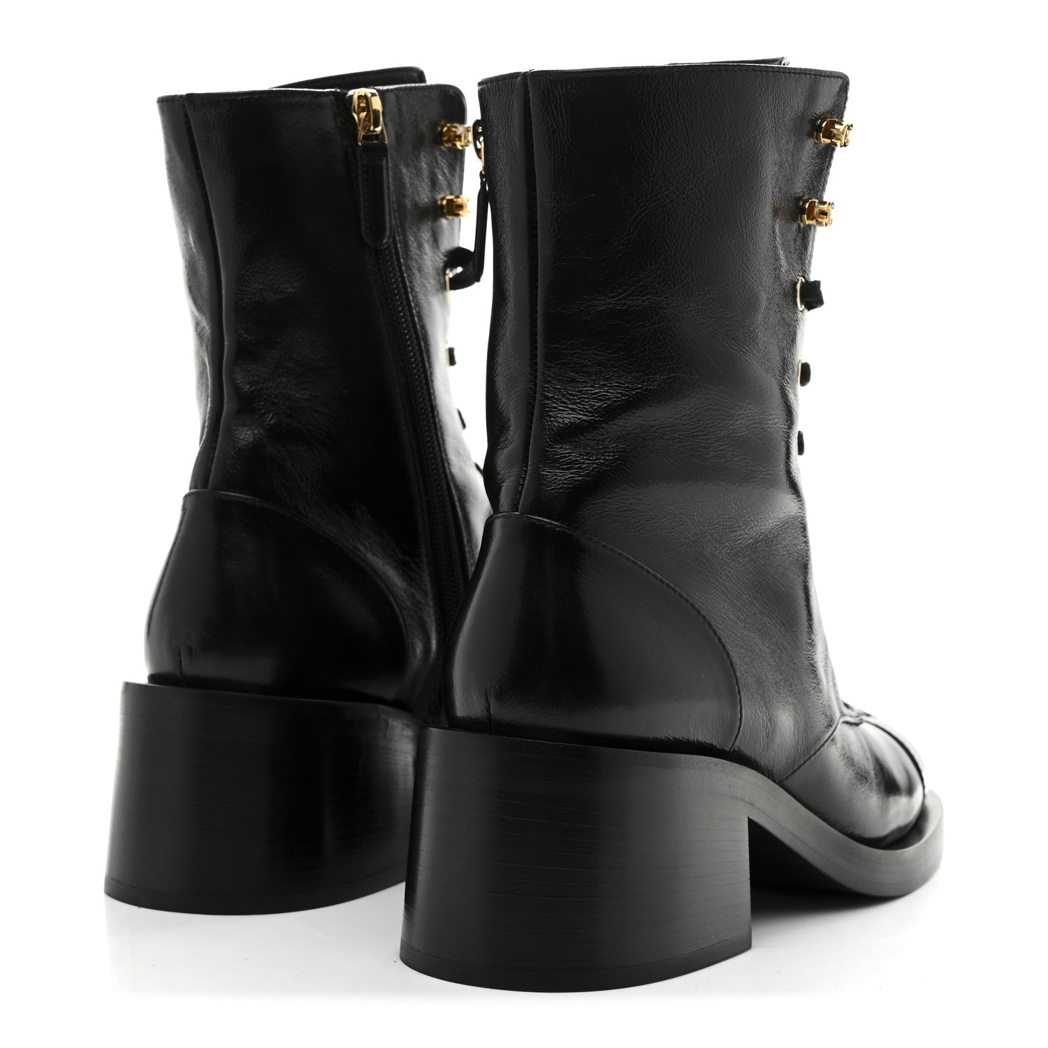 Chanel Shiny Calfskin Patent Cap Toe Lace Up Combat Boots 39 Black
