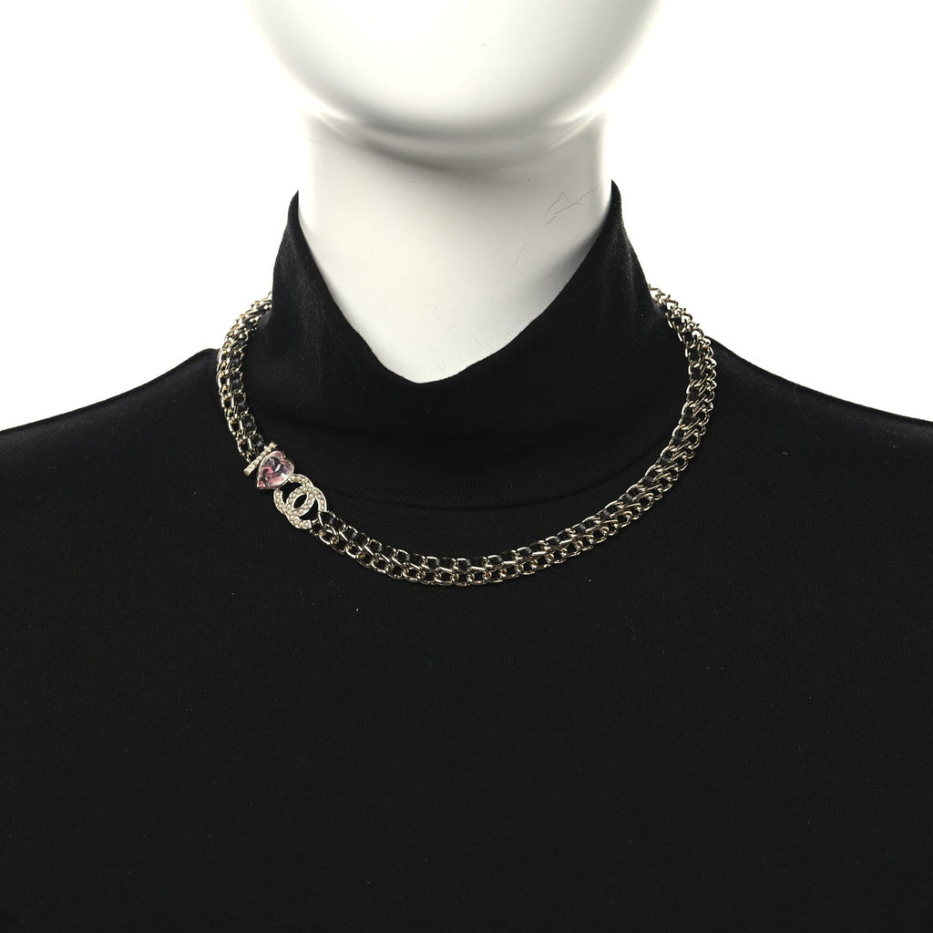 Chanel Metal Lambskin Crystal I Heart CC Choker Necklace Gold Black