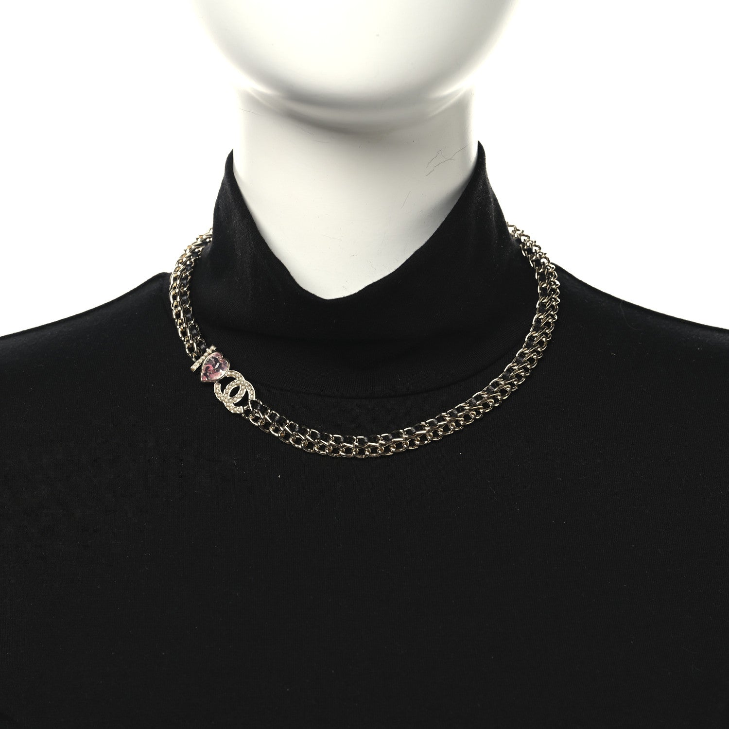 Chanel Metal Lambskin Crystal I Heart CC Choker Necklace Gold Black