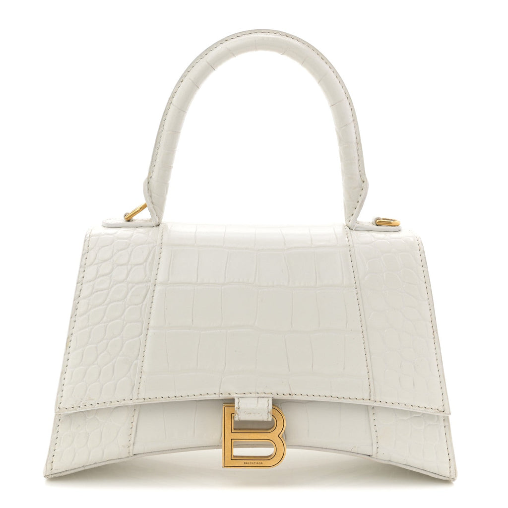 Balenciaga Calfskin Crocodile Embossed Small Hourglass Top Handle Bag White