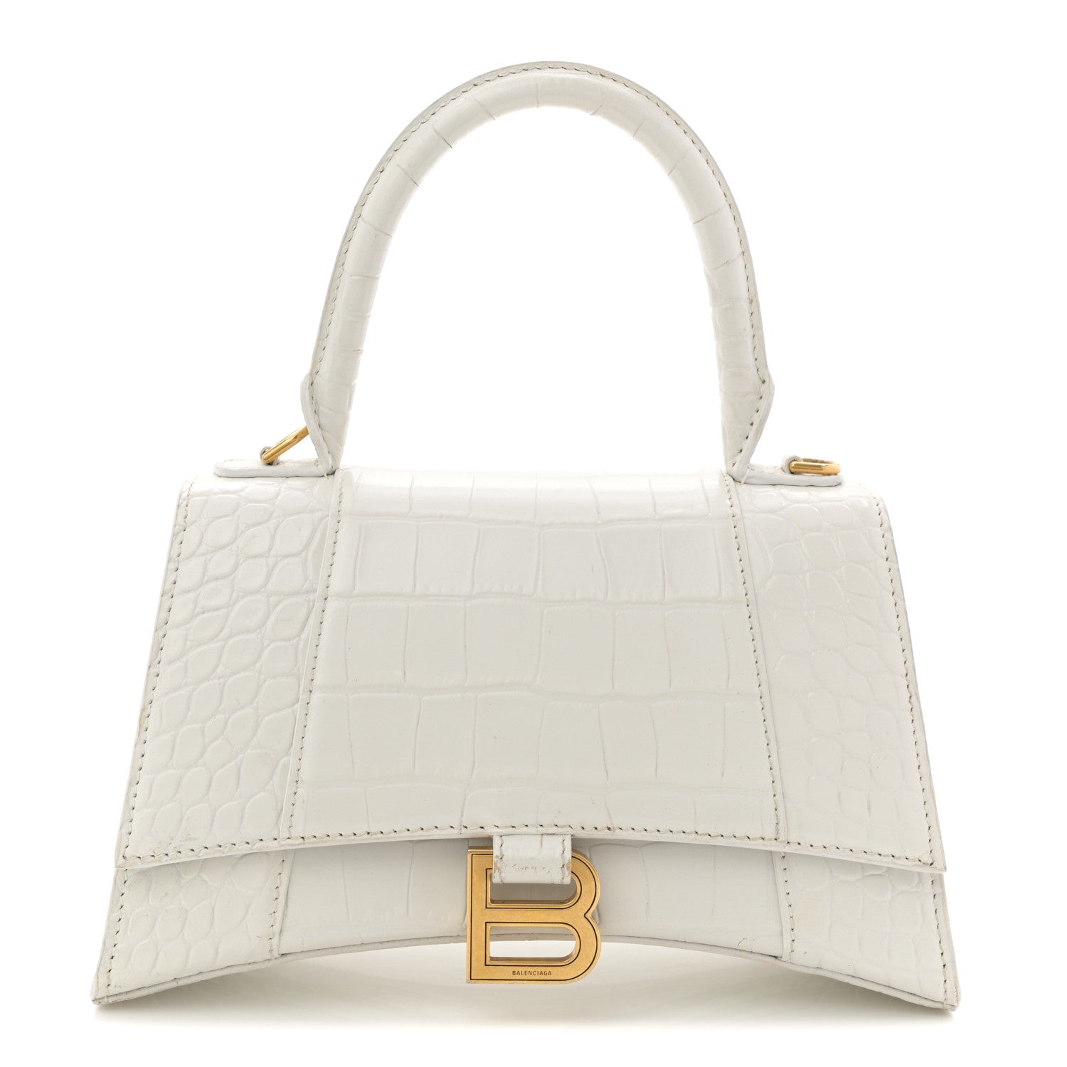 Balenciaga Calfskin Crocodile Embossed Small Hourglass Top Handle Bag White