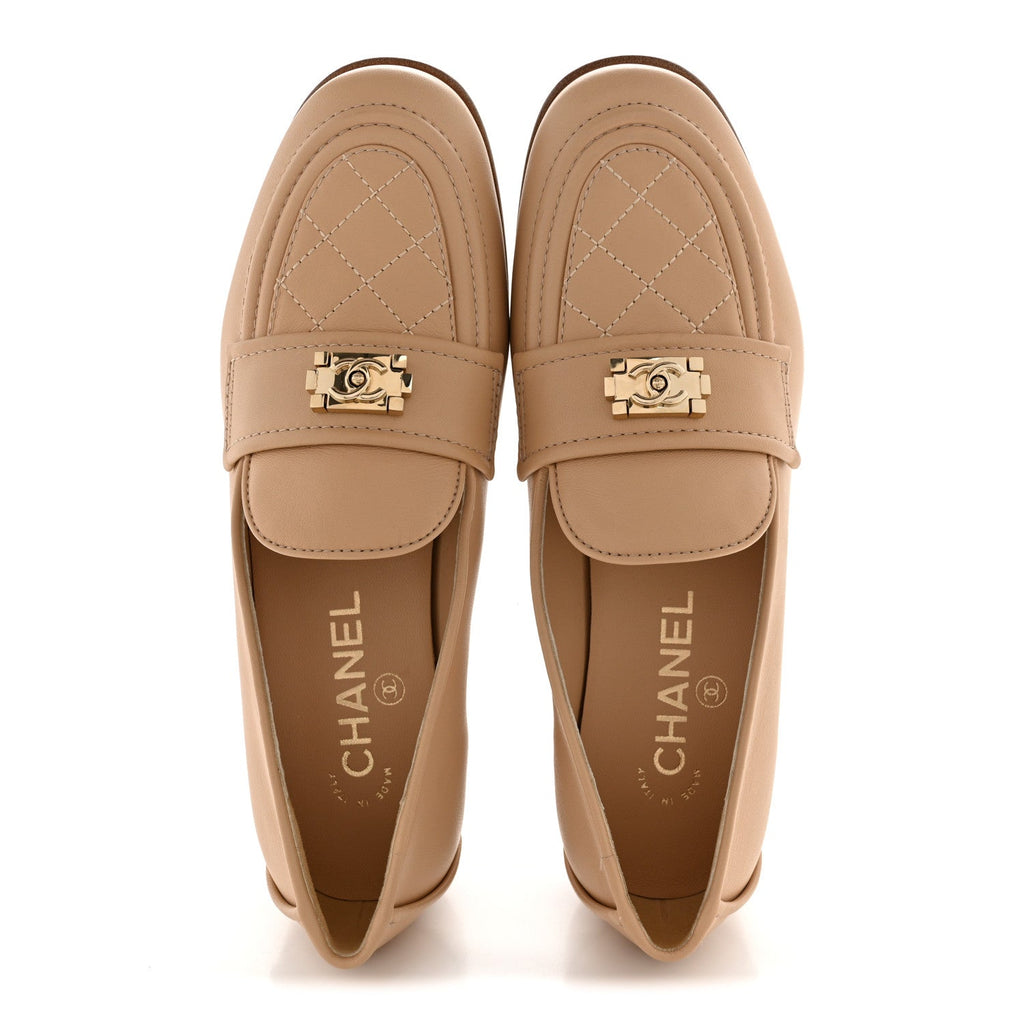 Chanel Lambskin Quilted Womens CC Loafers 37 Dark Beige