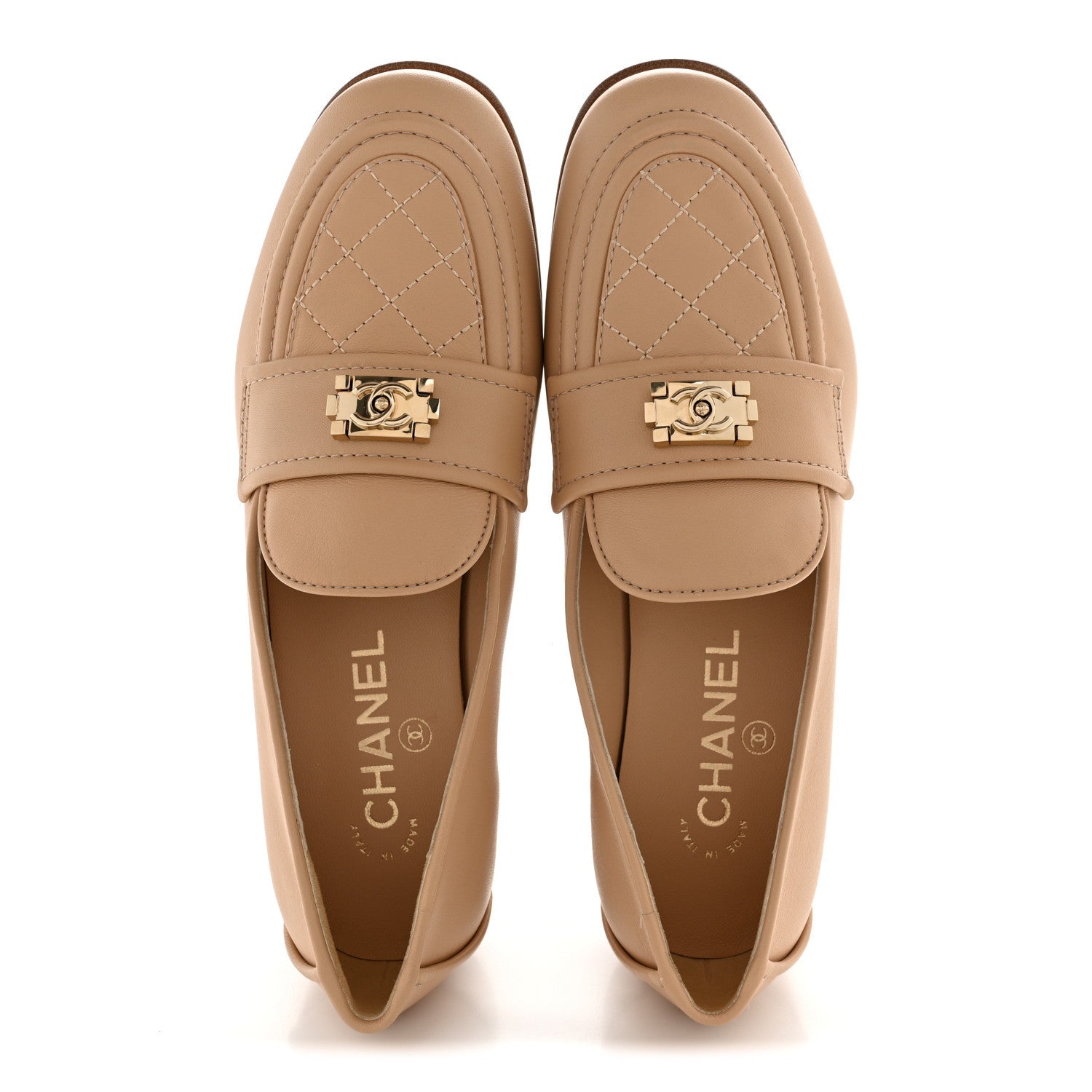 Chanel Lambskin Quilted Womens CC Loafers 37 Dark Beige