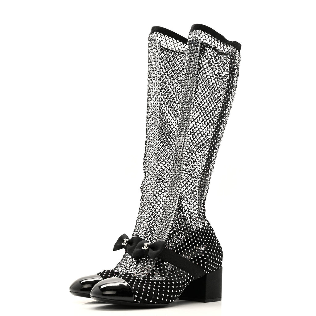 Chanel Mesh Crystal Patent CC Bow High Boots 38.5 Black