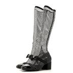 Chanel Mesh Crystal Patent CC Bow High Boots 38.5 Black