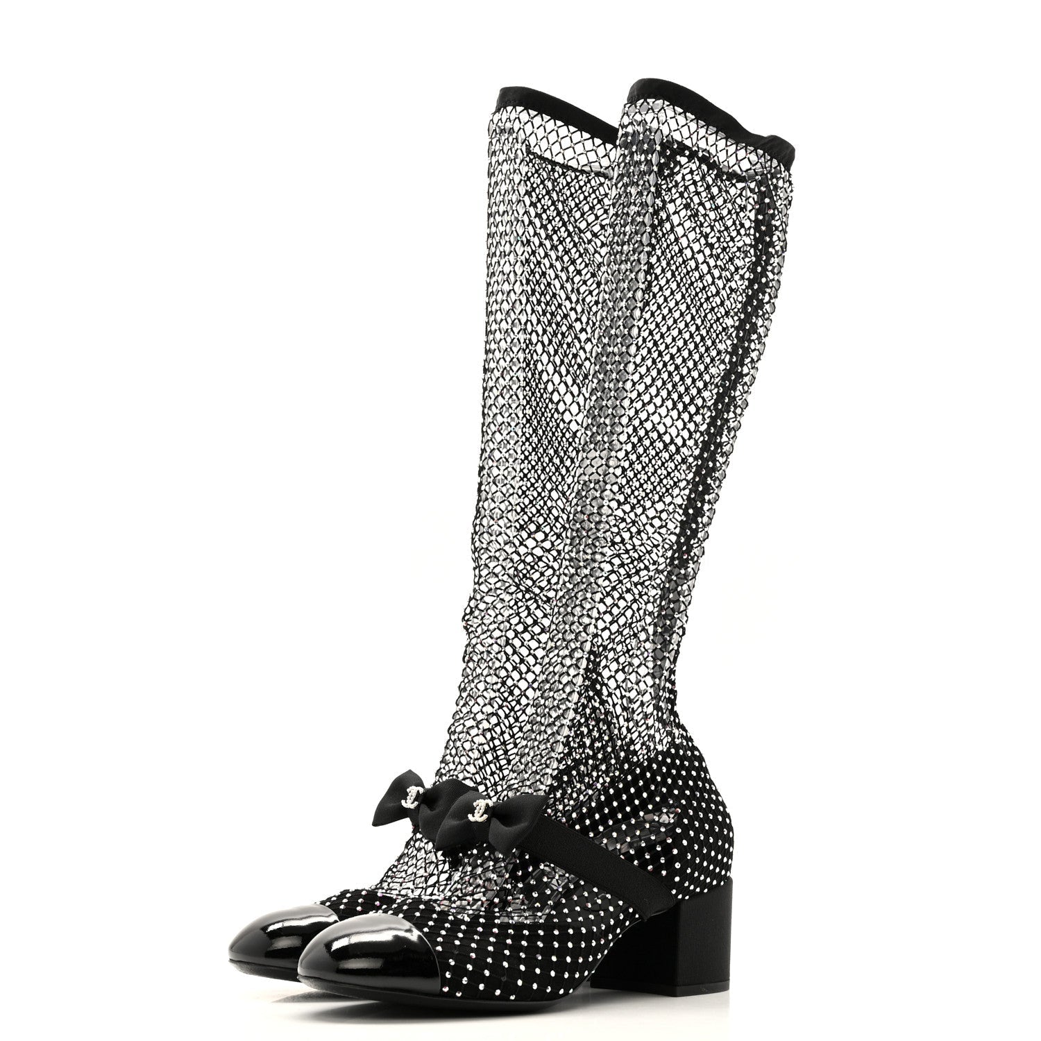 Chanel Mesh Crystal Patent CC Bow High Boots 38.5 Black