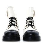 Chanel Shiny Goatskin Calfskin Quilted Lace Up Combat Boots 41.5 White Black