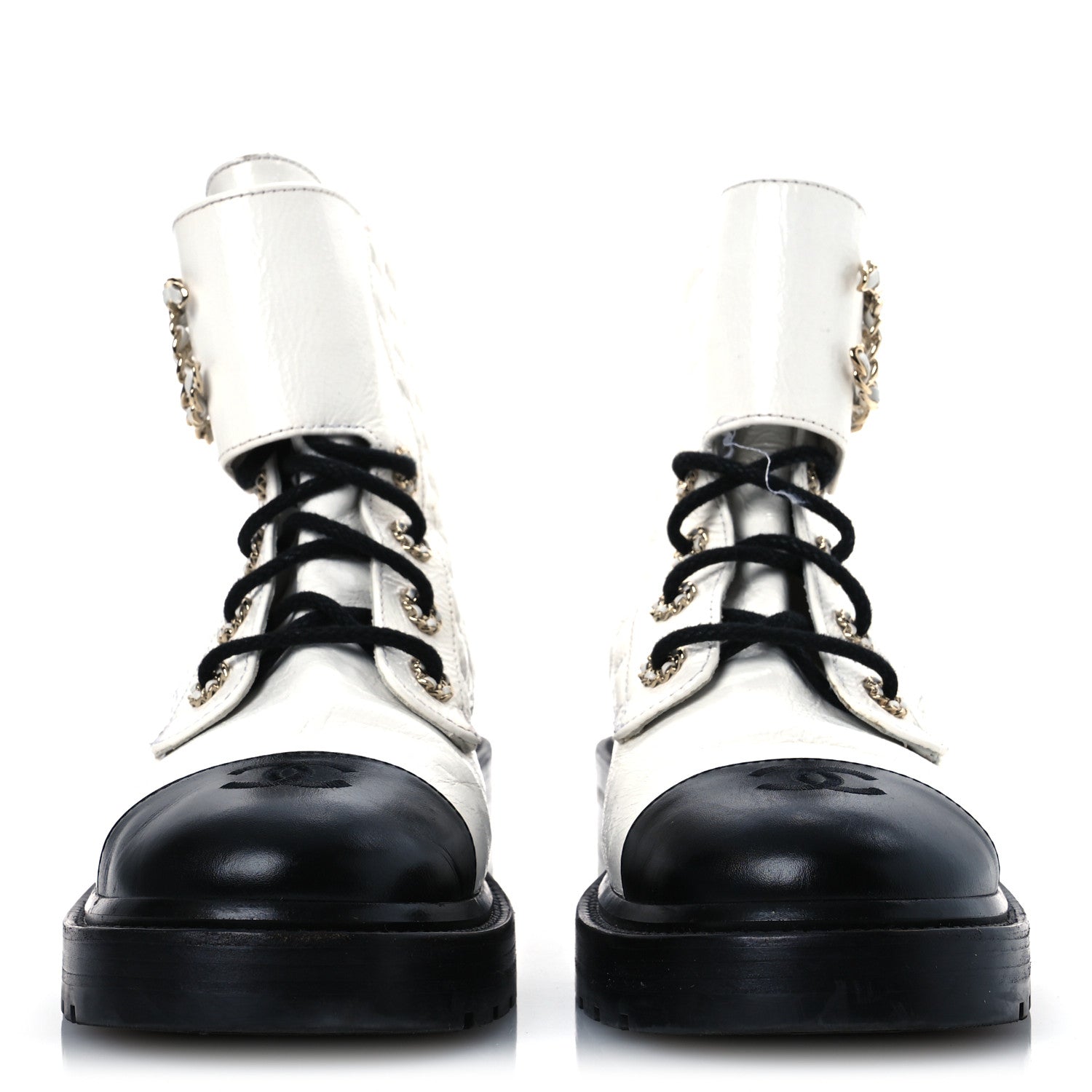 Chanel Shiny Goatskin Calfskin Quilted Lace Up Combat Boots 41.5 White Black