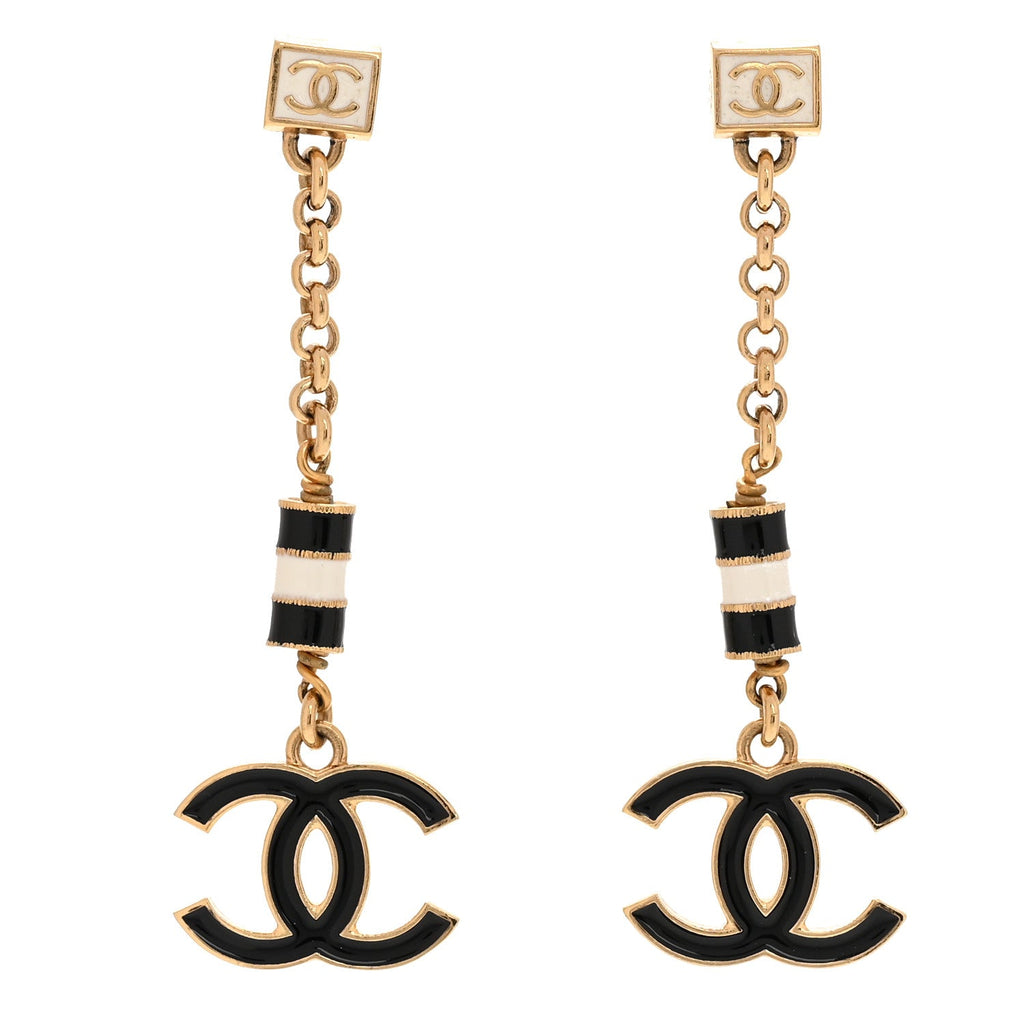 Chanel Metal Enamel CC Square Drop Earrings Black Gold White