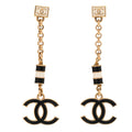 Chanel Metal Enamel CC Square Drop Earrings Black Gold White