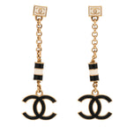 Chanel Metal Enamel CC Square Drop Earrings Black Gold White