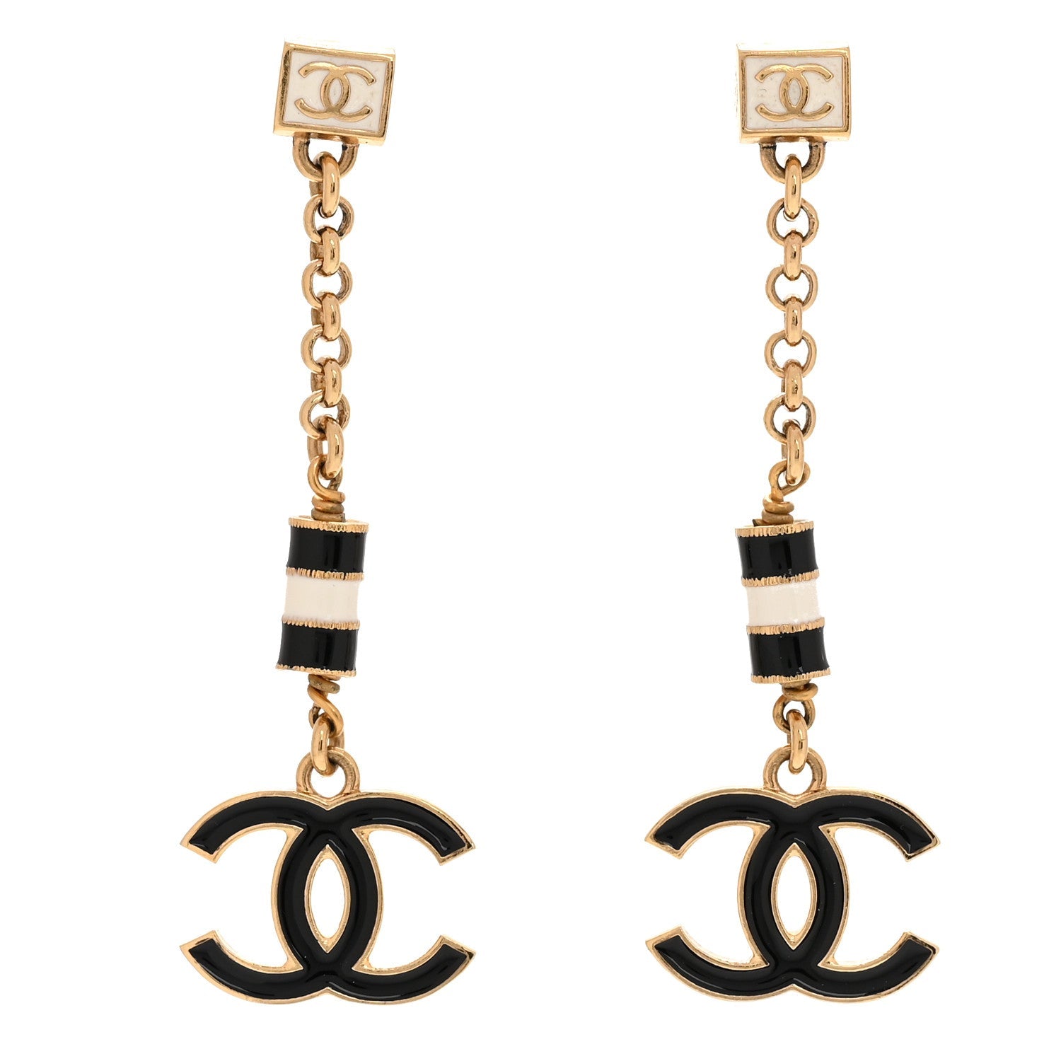 Chanel Metal Enamel CC Square Drop Earrings Black Gold White